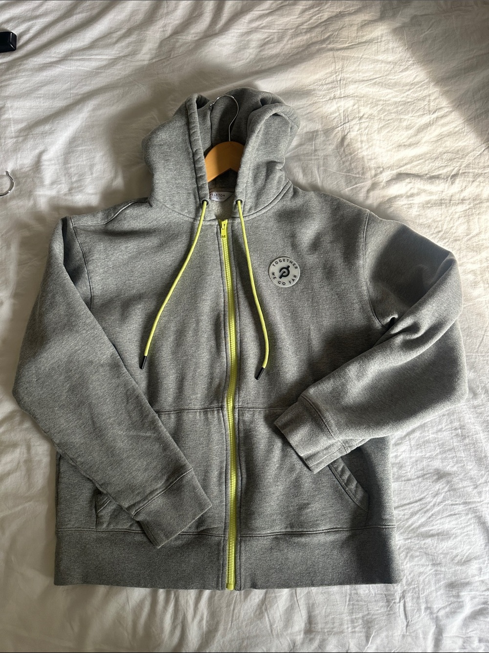 Peloton Men's Gray Zip-Up Hoodie with Neon Yellow Accents